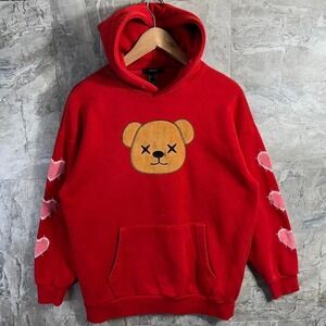 Y2K Forever 21 red embroidered teddy bear & Hearts hoodie Size S Mens Grunge